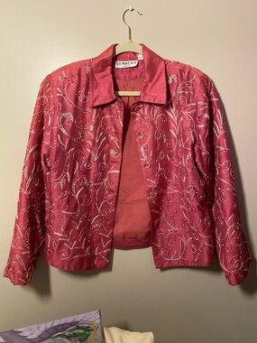 Vintage Silk Beaded Lightweight Jacket In Pink & White